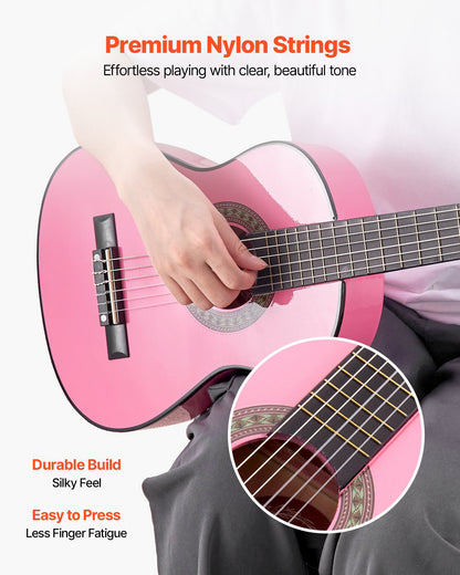 Klassisk gitarr, 780 mm, startkit för klassisk gitarr i trä för nybörjare, med nylonsträngar, gigbag, rem, stämapparat, extra strängar, plektrum, capo, linsträ, för barn flickor pojkar studenter, rosa