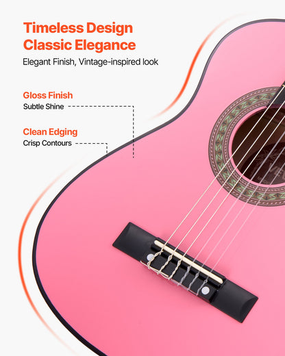 Klassisk gitarr, 780 mm, startkit för klassisk gitarr i trä för nybörjare, med nylonsträngar, gigbag, rem, stämapparat, extra strängar, plektrum, capo, linsträ, för barn flickor pojkar studenter, rosa