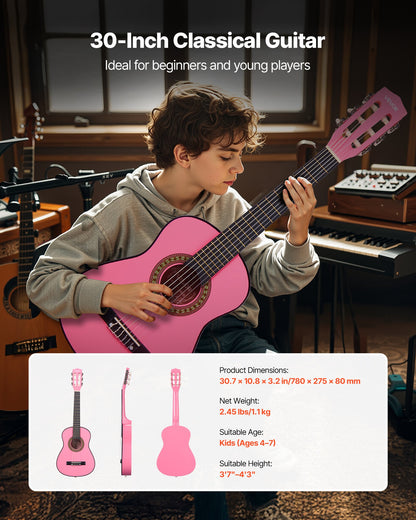 Classical Guitar, 780 mm, Wood Classical Guitar Starter Kit for Beginners, with Nylon Strings, Gig Bag, Strap, Tuner, Extra Strings, Picks, Capo, Basswood, for Kids Girls Boys Students, Pink