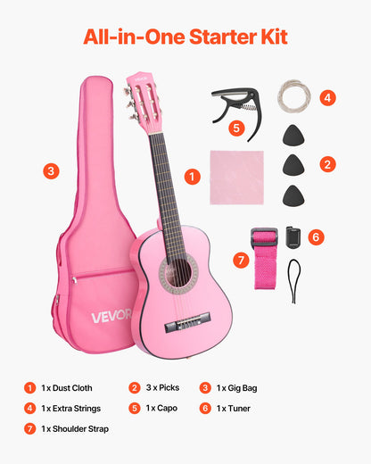 Klassisk gitarr, 780 mm, startkit för klassisk gitarr i trä för nybörjare, med nylonsträngar, gigbag, rem, stämapparat, extra strängar, plektrum, capo, linsträ, för barn flickor pojkar studenter, rosa