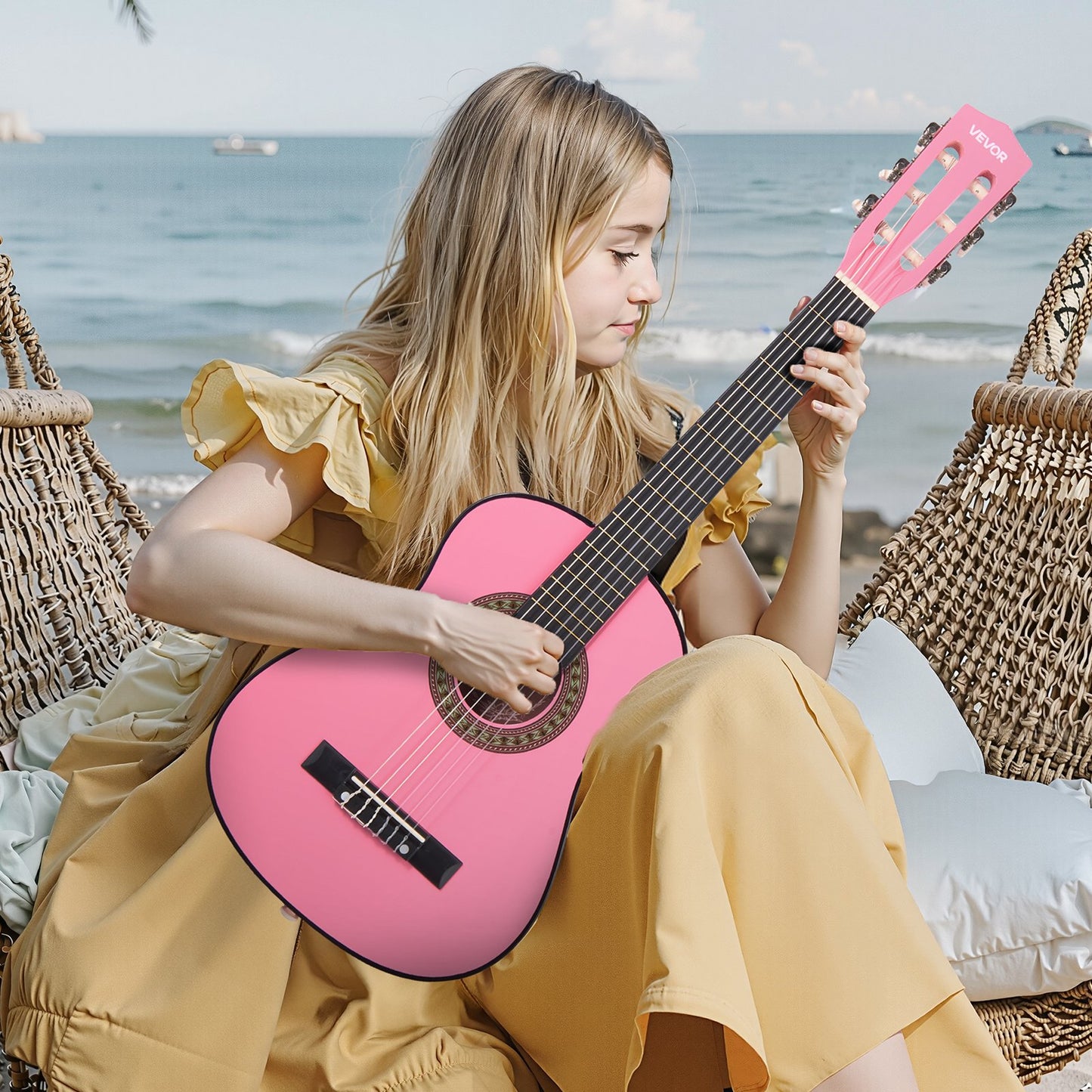 Classical Guitar, 780 mm, Wood Classical Guitar Starter Kit for Beginners, with Nylon Strings, Gig Bag, Strap, Tuner, Extra Strings, Picks, Capo, Basswood, for Kids Girls Boys Students, Pink