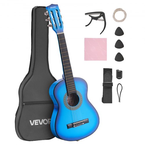 Classical Guitar, 780 mm, Wood Classical Guitar Starter Kit for Beginners, with Nylon Strings, Gig Bag, Strap, Tuner, Extra Strings, Picks, Capo, Basswood, for Kids Girls Boys Students, Blue