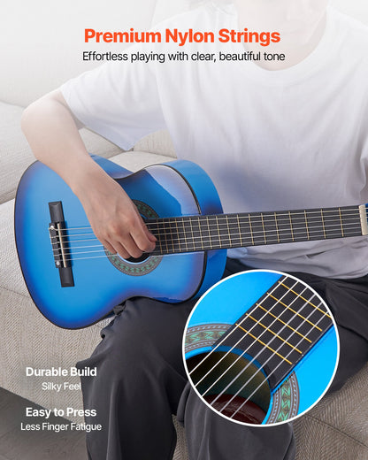 Classical Guitar, 780 mm, Wood Classical Guitar Starter Kit for Beginners, with Nylon Strings, Gig Bag, Strap, Tuner, Extra Strings, Picks, Capo, Basswood, for Kids Girls Boys Students, Blue