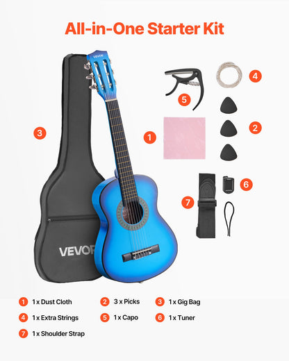 Classical Guitar, 780 mm, Wood Classical Guitar Starter Kit for Beginners, with Nylon Strings, Gig Bag, Strap, Tuner, Extra Strings, Picks, Capo, Basswood, for Kids Girls Boys Students, Blue