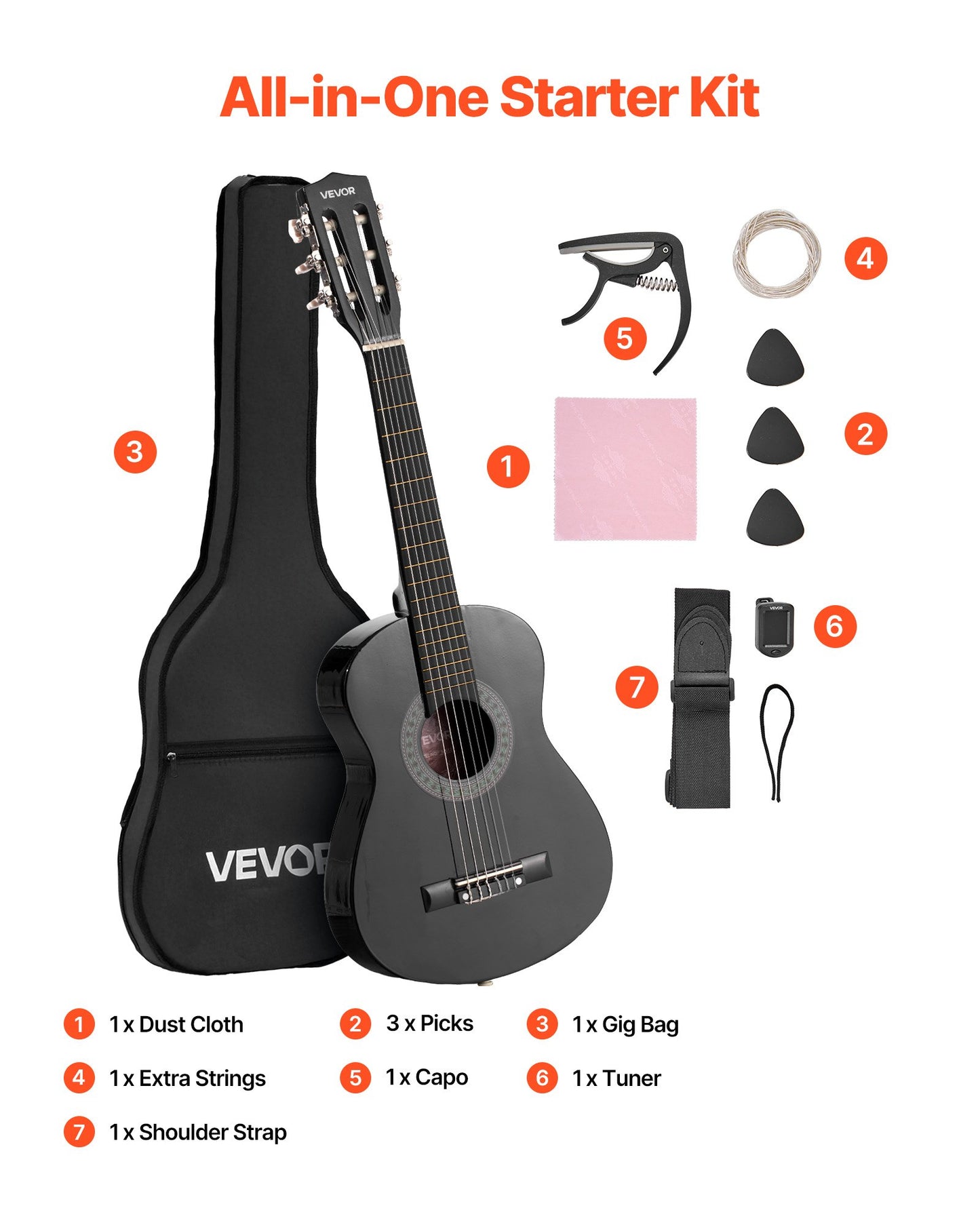 Classical Guitar, 780 mm, Wood Classical Guitar Starter Kit for Beginners, with Nylon Strings, Gig Bag, Strap, Tuner, Extra Strings, Picks, Capo, Basswood, for Kids Girls Boys Students, Black