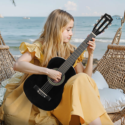 Classical Guitar, 780 mm, Wood Classical Guitar Starter Kit for Beginners, with Nylon Strings, Gig Bag, Strap, Tuner, Extra Strings, Picks, Capo, Basswood, for Kids Girls Boys Students, Black