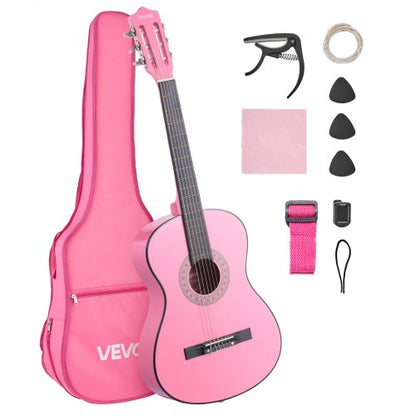 Classical Guitar, 960 mm, Wood Classical Guitar Starter Kit for Beginners, with Nylon Strings, Gig Bag, Strap, Tuner, Extra Strings, Picks, Capo, Basswood, for Teenagers Adults Students, Pink