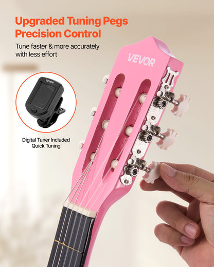 Classical Guitar, 960 mm, Wood Classical Guitar Starter Kit for Beginners, with Nylon Strings, Gig Bag, Strap, Tuner, Extra Strings, Picks, Capo, Basswood, for Teenagers Adults Students, Pink