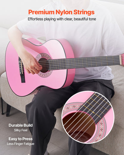 Classical Guitar, 960 mm, Wood Classical Guitar Starter Kit for Beginners, with Nylon Strings, Gig Bag, Strap, Tuner, Extra Strings, Picks, Capo, Basswood, for Teenagers Adults Students, Pink