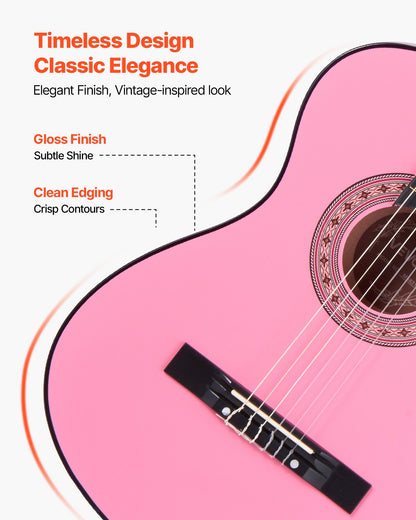 Classical Guitar, 960 mm, Wood Classical Guitar Starter Kit for Beginners, with Nylon Strings, Gig Bag, Strap, Tuner, Extra Strings, Picks, Capo, Basswood, for Teenagers Adults Students, Pink