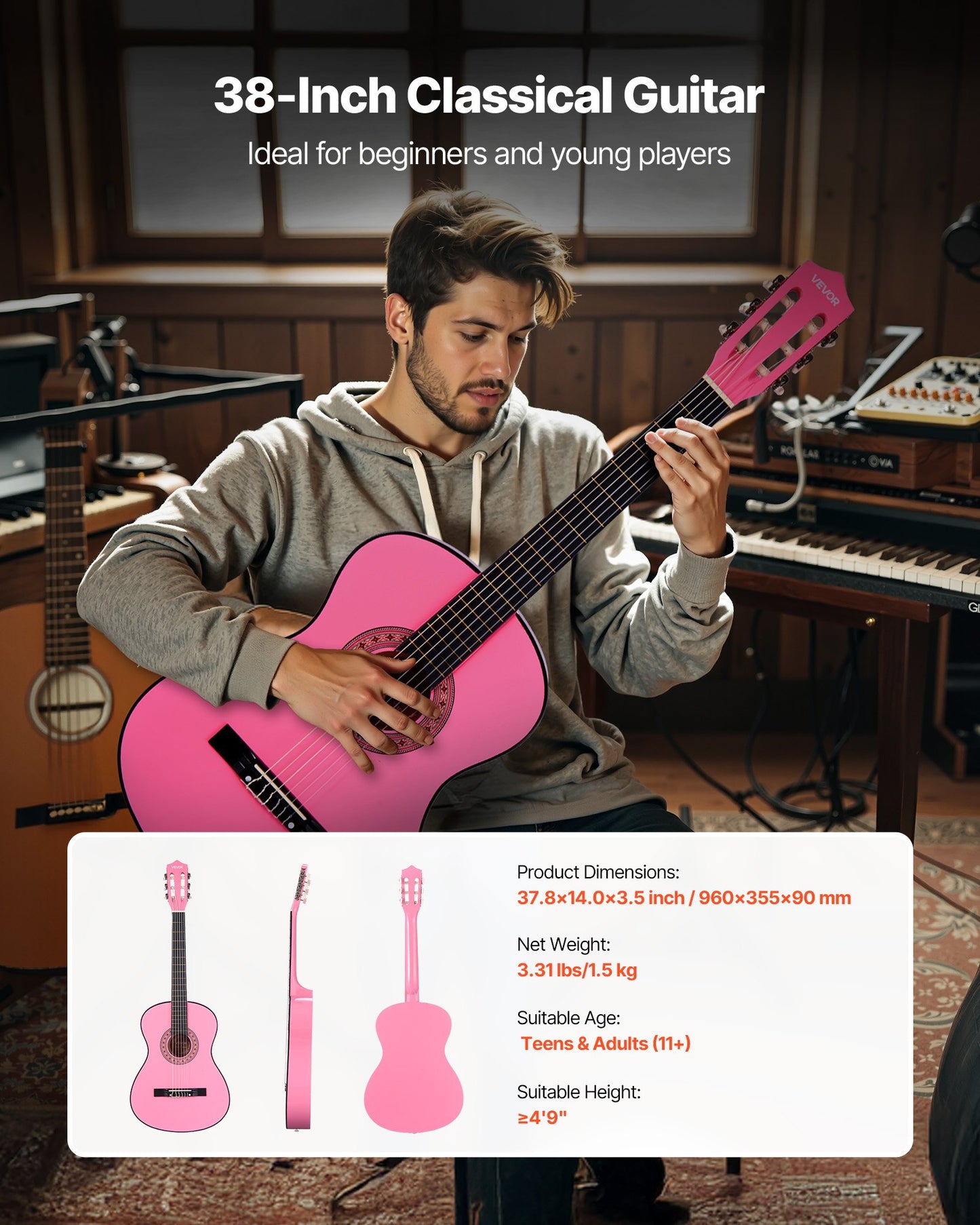 Classical Guitar, 960 mm, Wood Classical Guitar Starter Kit for Beginners, with Nylon Strings, Gig Bag, Strap, Tuner, Extra Strings, Picks, Capo, Basswood, for Teenagers Adults Students, Pink