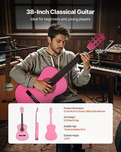 Classical Guitar, 960 mm, Wood Classical Guitar Starter Kit for Beginners, with Nylon Strings, Gig Bag, Strap, Tuner, Extra Strings, Picks, Capo, Basswood, for Teenagers Adults Students, Pink