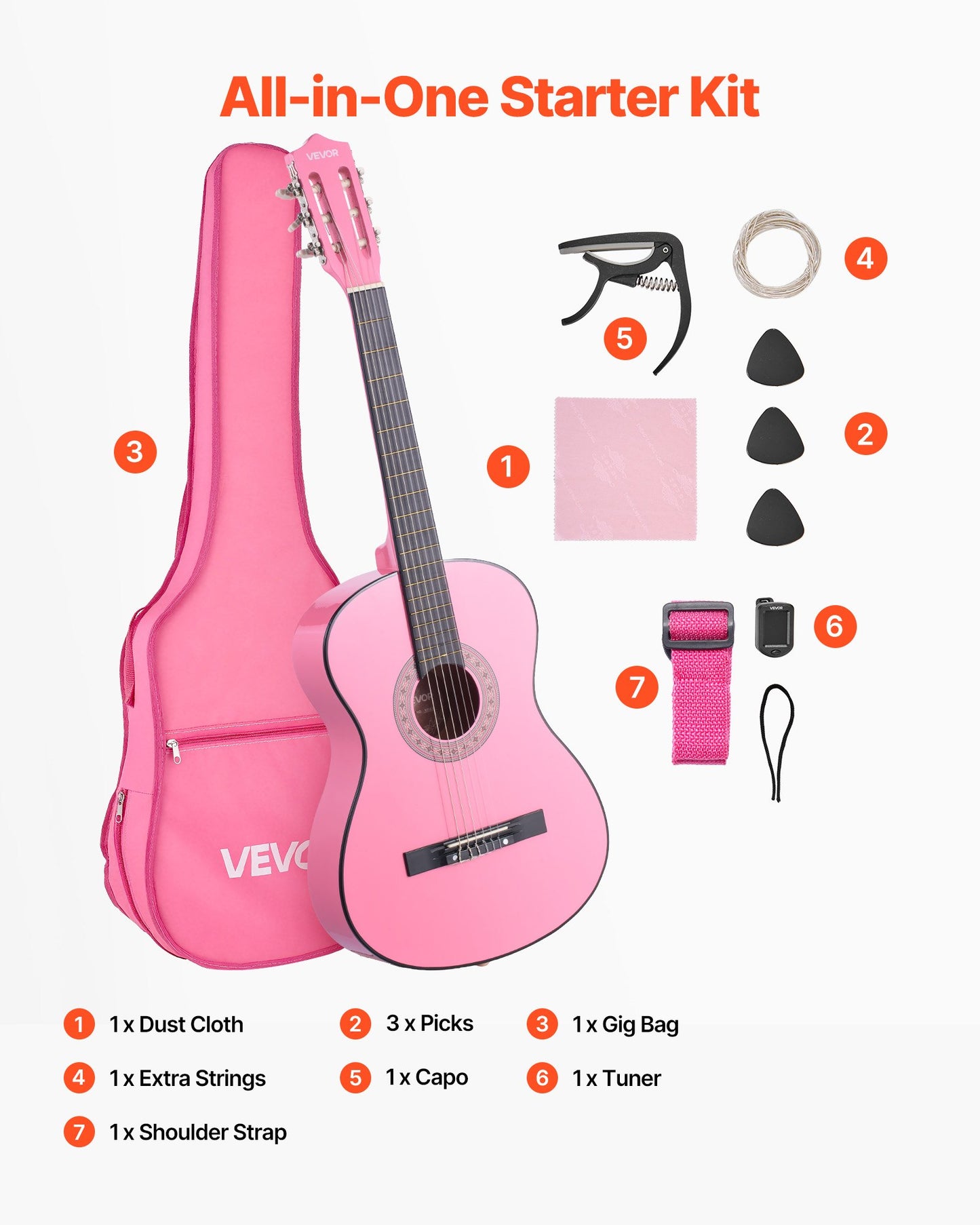 Classical Guitar, 960 mm, Wood Classical Guitar Starter Kit for Beginners, with Nylon Strings, Gig Bag, Strap, Tuner, Extra Strings, Picks, Capo, Basswood, for Teenagers Adults Students, Pink