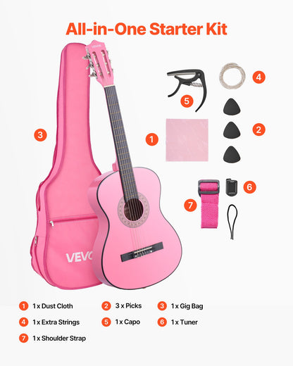 Classical Guitar, 960 mm, Wood Classical Guitar Starter Kit for Beginners, with Nylon Strings, Gig Bag, Strap, Tuner, Extra Strings, Picks, Capo, Basswood, for Teenagers Adults Students, Pink