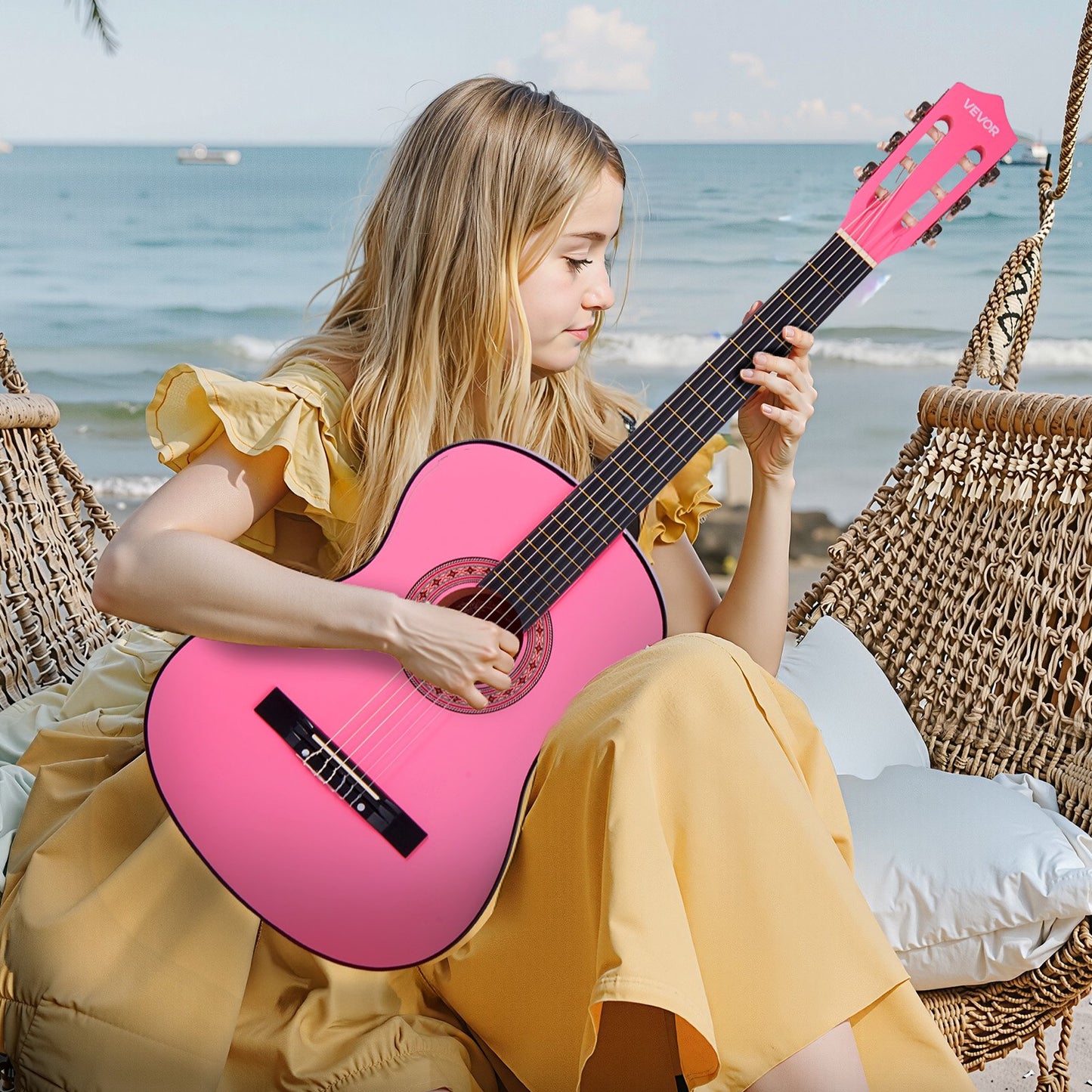 Classical Guitar, 960 mm, Wood Classical Guitar Starter Kit for Beginners, with Nylon Strings, Gig Bag, Strap, Tuner, Extra Strings, Picks, Capo, Basswood, for Teenagers Adults Students, Pink