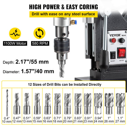 Magnetic Drill, 1100W 4 cm Boring Diameter, 2697lbf/12000N Portable Electric Mag Drill Press with 12 Bits, 580 RPM Max Speed Drilling Machine for any Surface and Home Improvement