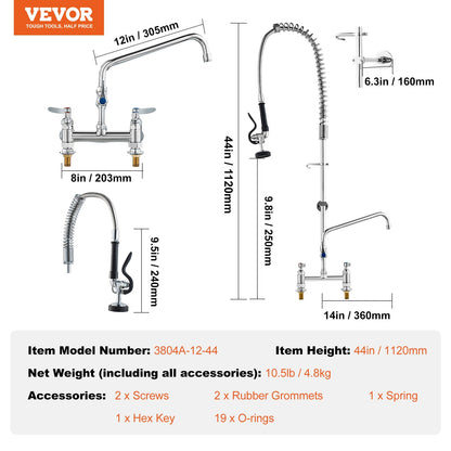 Commercial Faucet with Pre-Rinse Sprayer, 44" Height, 8" Center, 12" Swing Spout, Deck Mount Kitchen Sink Faucet, Brass Constructed Device with Pull Down Spray, for 1/2/3 Compartment Sink