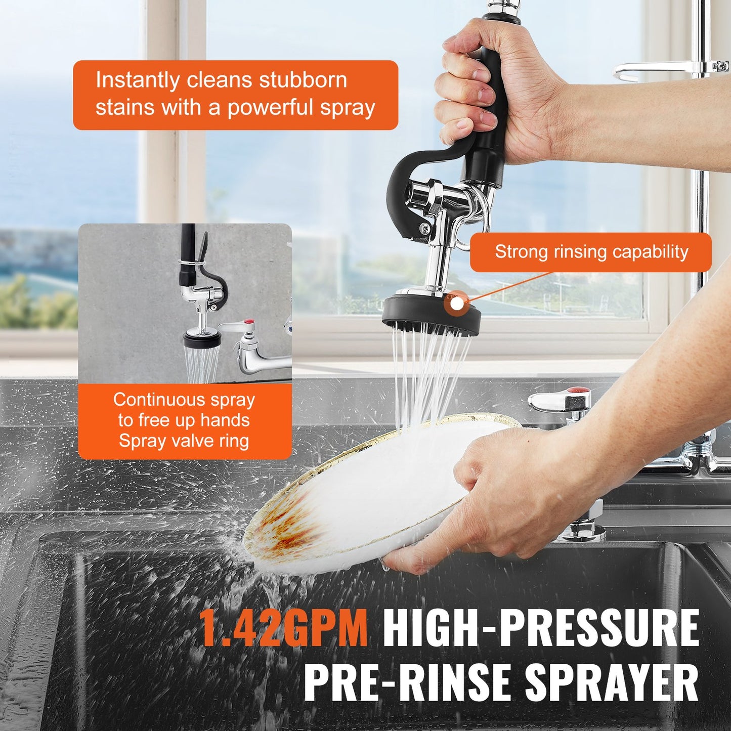 Commercial Faucet with Pre-Rinse Sprayer, 26" (66 cm) Height, 8" (20.3 cm) Center, 12" (30.5 cm) Swing Spout, Deck Mount Kitchen Sink Faucet, Brass Constructed Device with Pull Down Spray, for 1/2/3 Compartment Sink