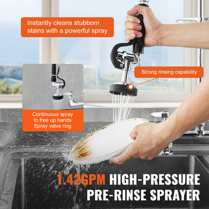 Commercial Faucet with Pre-Rinse Sprayer, 26" (66 cm) Height, 8" (20.3 cm) Center, 12" (30.5 cm) Swing Spout, Deck Mount Kitchen Sink Faucet, Brass Constructed Device with Pull Down Spray, for 1/2/3 Compartment Sink