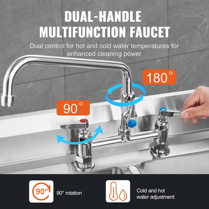 Commercial Faucet with Pre-Rinse Sprayer, 26" (66 cm) Height, 8" (20.3 cm) Center, 12" (30.5 cm) Swing Spout, Deck Mount Kitchen Sink Faucet, Brass Constructed Device with Pull Down Spray, for 1/2/3 Compartment Sink