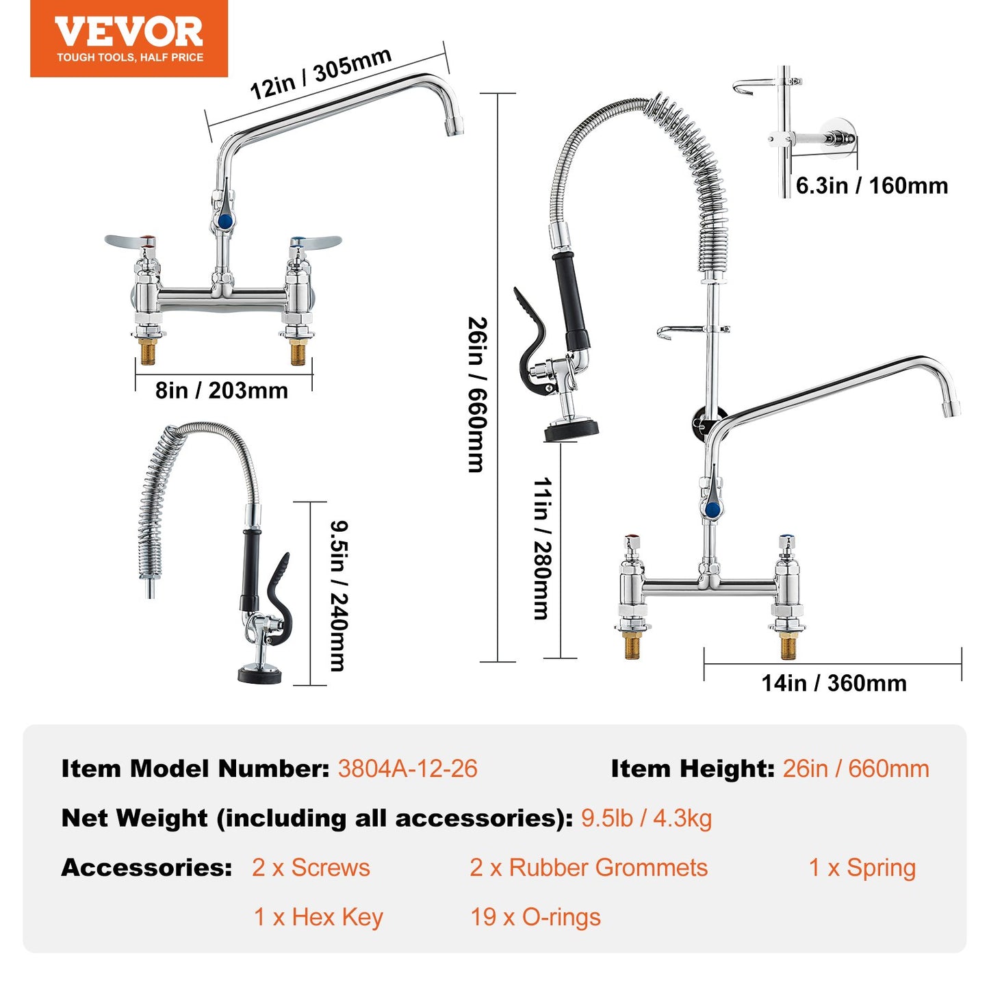 Commercial Faucet with Pre-Rinse Sprayer, 26" (66 cm) Height, 8" (20.3 cm) Center, 12" (30.5 cm) Swing Spout, Deck Mount Kitchen Sink Faucet, Brass Constructed Device with Pull Down Spray, for 1/2/3 Compartment Sink