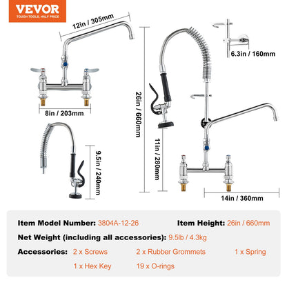 Commercial Faucet with Pre-Rinse Sprayer, 26" (66 cm) Height, 8" (20.3 cm) Center, 12" (30.5 cm) Swing Spout, Deck Mount Kitchen Sink Faucet, Brass Constructed Device with Pull Down Spray, for 1/2/3 Compartment Sink