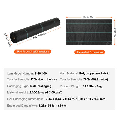 Ogrässpärrtyg för landskapsarkitektur, 3,28*164FT kraftig ogrästyg för trädgården, vävd PP-ogräsbekämpningstyg, uppfartstyg, geotextiltyg för landskapsarkitektur, marktäckare, ogräsmatta, svart
