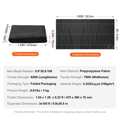 Weed Barrier Landscape Fabric, 3*100FT Heavy Duty Garden Weed Fabric, Woven PP Weed Control Fabric, Driveway Fabric, Geotextile Fabric for Landscaping, Ground Cover, Weed Blocker Weed Mat, Black