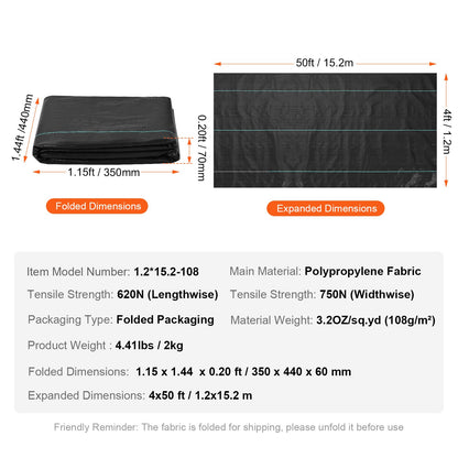 Ogrässpärrtyg för landskapsarkitektur, 4*50FT kraftig ogrästyg för trädgården, vävd PP-ogräsbekämpningstyg, uppfartstyg, geotextiltyg för landskapsarkitektur, marktäckare, ogräsmatta, svart