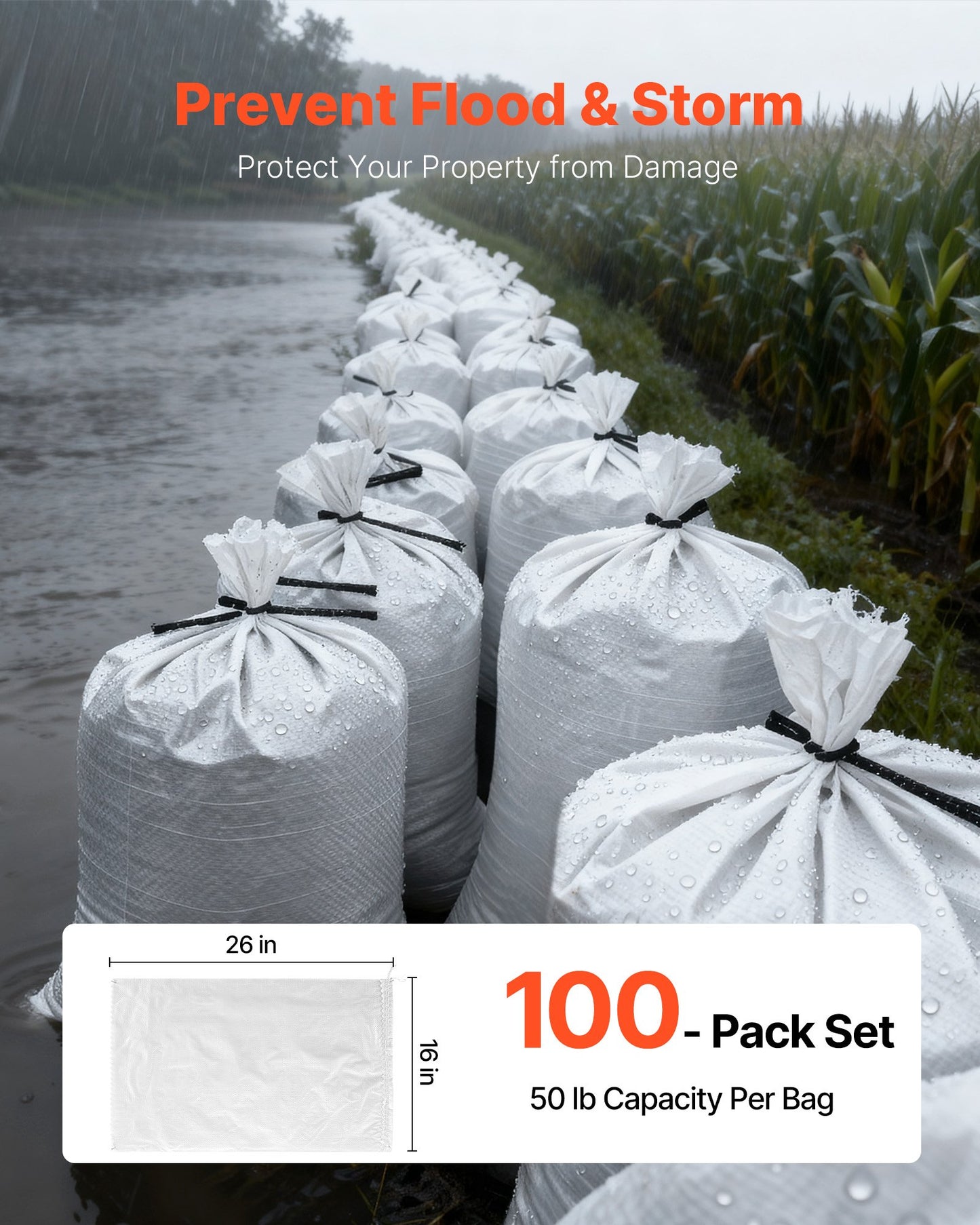 Empty Sandbags, 100 Packs 40 x 66 cm, Heavy Duty Sand Bags Sacks with Ties, 22.6kg Capacity Woven Polypropylene Sandbags, Tear-Resistant & UV-Resistant Sand Bags for Flood Protection Barrier
