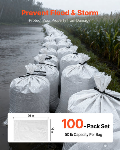 Empty Sandbags, 100 Packs 40 x 66 cm, Heavy Duty Sand Bags Sacks with Ties, 22.6kg Capacity Woven Polypropylene Sandbags, Tear-Resistant & UV-Resistant Sand Bags for Flood Protection Barrier