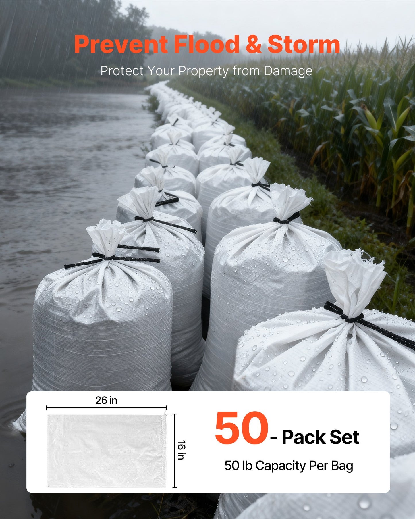 Empty Sandbags, 50 Packs 40 x 66 cm, Heavy Duty Sand Bags Sacks with Ties, 22.6 kg Capacity Woven Polypropylene Sandbags, Tear-Resistant & UV-Resistant Sand Bags for Flood Protection Barrier