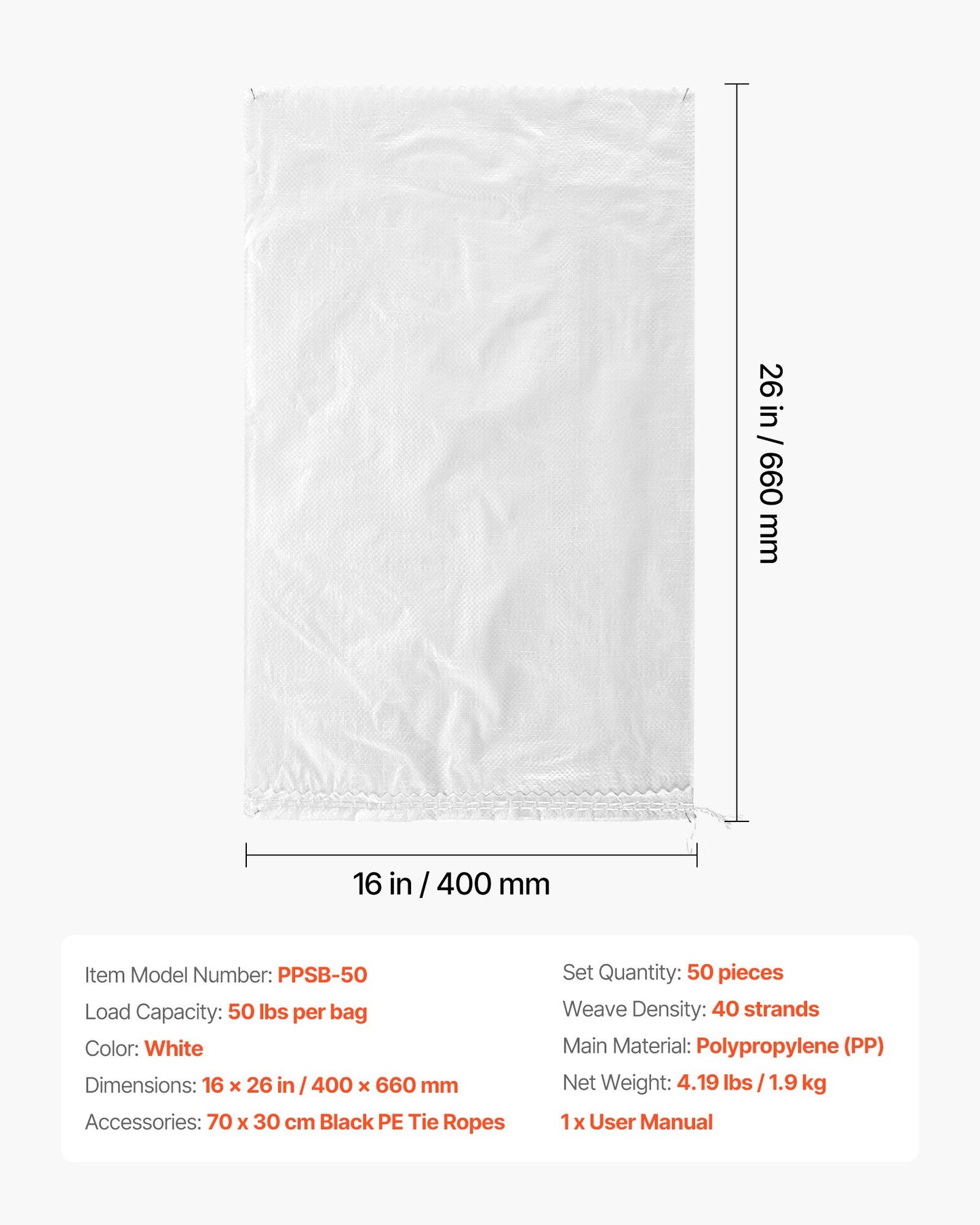 Empty Sandbags, 50 Packs 40 x 66 cm, Heavy Duty Sand Bags Sacks with Ties, 22.6 kg Capacity Woven Polypropylene Sandbags, Tear-Resistant & UV-Resistant Sand Bags for Flood Protection Barrier