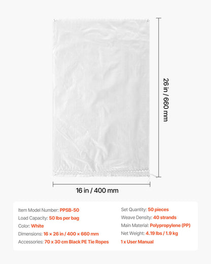 Empty Sandbags, 50 Packs 40 x 66 cm, Heavy Duty Sand Bags Sacks with Ties, 22.6 kg Capacity Woven Polypropylene Sandbags, Tear-Resistant & UV-Resistant Sand Bags for Flood Protection Barrier