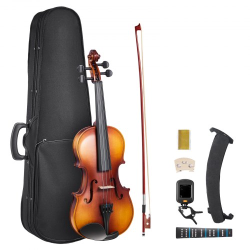Violin 340mm Size for Adults, Violin Fiddle Set for Beginners with Hard Case, Rosin, Bow, Shoulder Rest, Bridge, Tuner and Extra Strings, Professional Musical Instruments for Student (Brown)