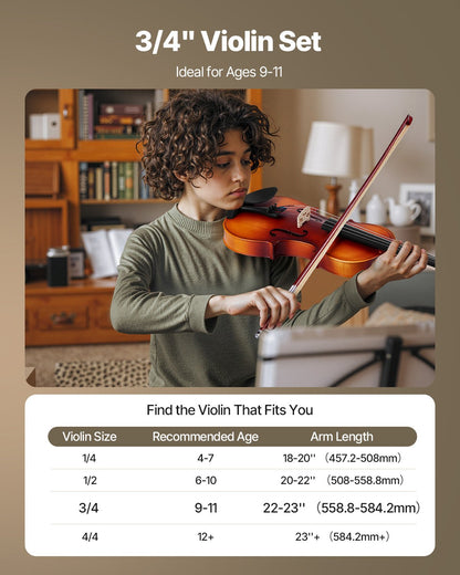Violin 340mm Size for Adults, Violin Fiddle Set for Beginners with Hard Case, Rosin, Bow, Shoulder Rest, Bridge, Tuner and Extra Strings, Professional Musical Instruments for Student (Brown)