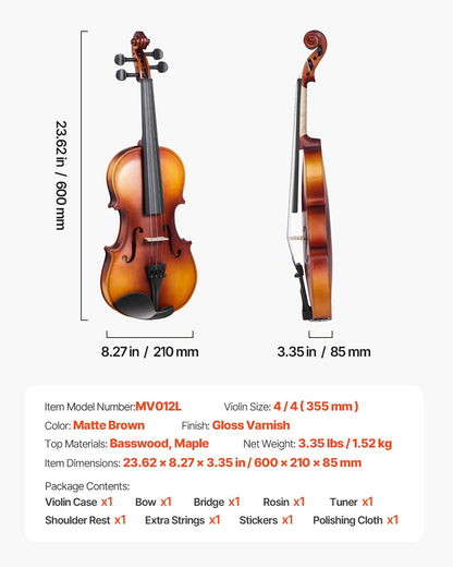 Fiol 355 mm fullstorlek för vuxna, fiolset för nybörjare med hårt fodral, harpiks, stråke, axelstöd, stall, stämapparat och extra strängar, professionella musikinstrument för elever (brun)