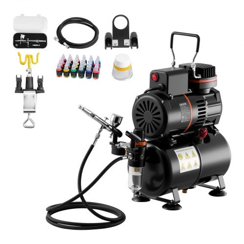 Airbrush Kit, 1/6 HP, Air Brush Kit with Air Compressor and Tank, 1 Dual-Action Professional Airbrush with 1 Tip, Hose, Acrylic Paint, 2 Fans, for Cake Decorating, Model Painting, Nail Art