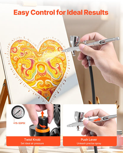 Airbrush-kit, 1/6 hk, Airbrush-kit med luftkompressor och tank, 1 dubbelverkande professionell airbrush med 1 munstycke, slang, akrylfärg, 2 fläktar, för tårtdekorering, modellmålning, nagelkonst