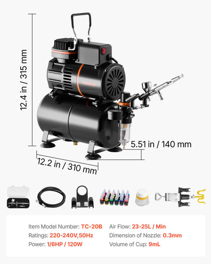 Airbrush-kit, 1/6 hk, Airbrush-kit med luftkompressor och tank, 1 dubbelverkande professionell airbrush med 1 munstycke, slang, akrylfärg, 2 fläktar, för tårtdekorering, modellmålning, nagelkonst