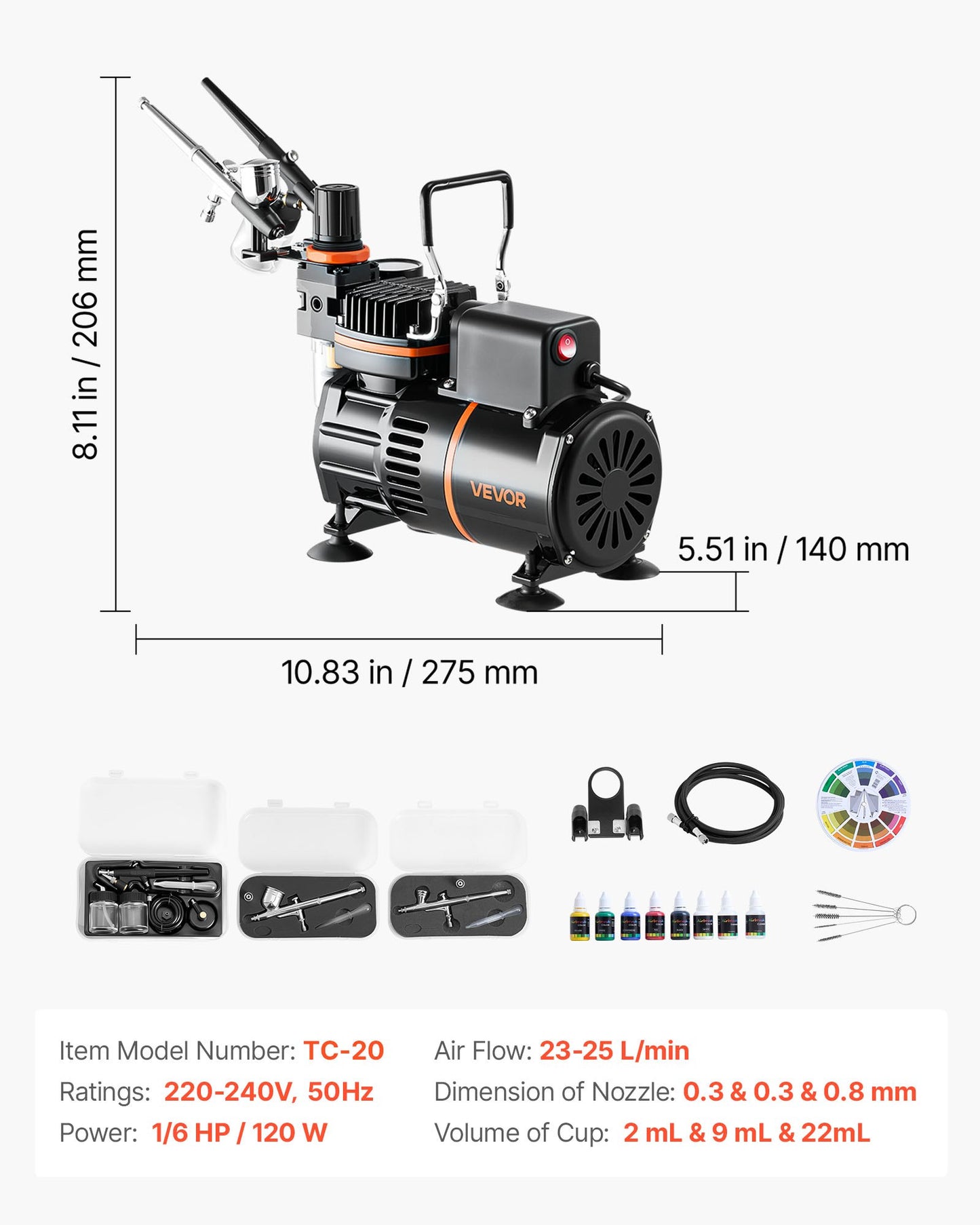 Airbrush Kit, 1/6 HP, Air Brush Kit with Air Compressor, 3 Dual-Action Professional Airbrushes with 3 Tips, Hose, Acrylic Paint, 2 Fans, Low Noise, for Cake Decorating, Model Painting, Nail Art