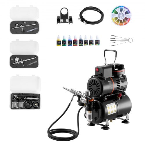 Airbrush-kit, 1/6 hk, Airbrush-kit med luftkompressor och tank, 3 professionella airbrushar med dubbelverkande effekt och 3 munstycken, slang, akrylfärg, 2 fläktar, för tårtdekorering, modellmålning, nagelkonst