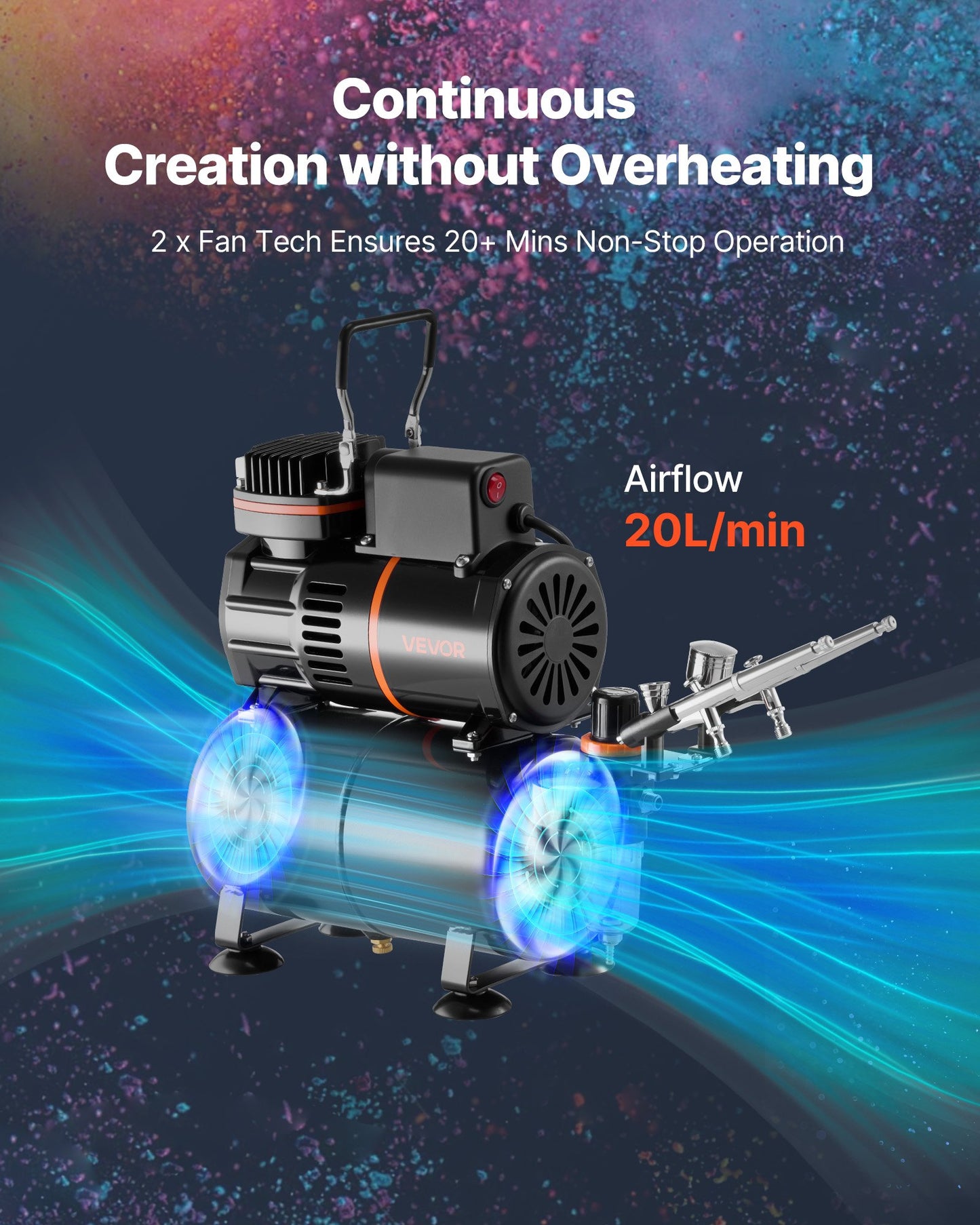 Airbrush-kit, 1/6 hk, Airbrush-kit med luftkompressor och tank, 3 professionella airbrushar med dubbelverkande effekt och 3 munstycken, slang, akrylfärg, 2 fläktar, för tårtdekorering, modellmålning, nagelkonst