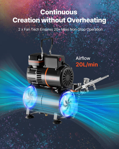 Airbrush-kit, 1/6 hk, Airbrush-kit med luftkompressor och tank, 3 professionella airbrushar med dubbelverkande effekt och 3 munstycken, slang, akrylfärg, 2 fläktar, för tårtdekorering, modellmålning, nagelkonst