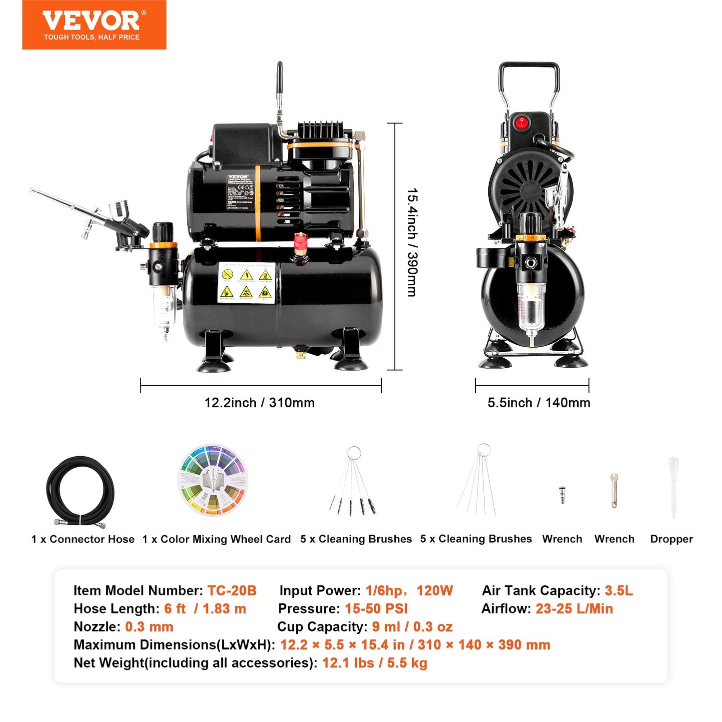 Airbrush Kit, Dual Fan Air Tank Compressor System Kit with 3.5L Air Storage Tank, Air Brush Set with 0.3 mm Tip Airbrush, Holder, Color Mixing Wheel, Cleaning Brush Set, Art Nail Cookie Tattoo
