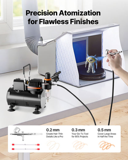 Airbrush Kit, 1/6 HP, Air Brush Kit with Air Compressor, 1 Dual-Action Professional Airbrush with 3 Tips, Hose, Holder, Cleaning Set, Low Noise, for Cake Decorating, Model Painting, Nail Art