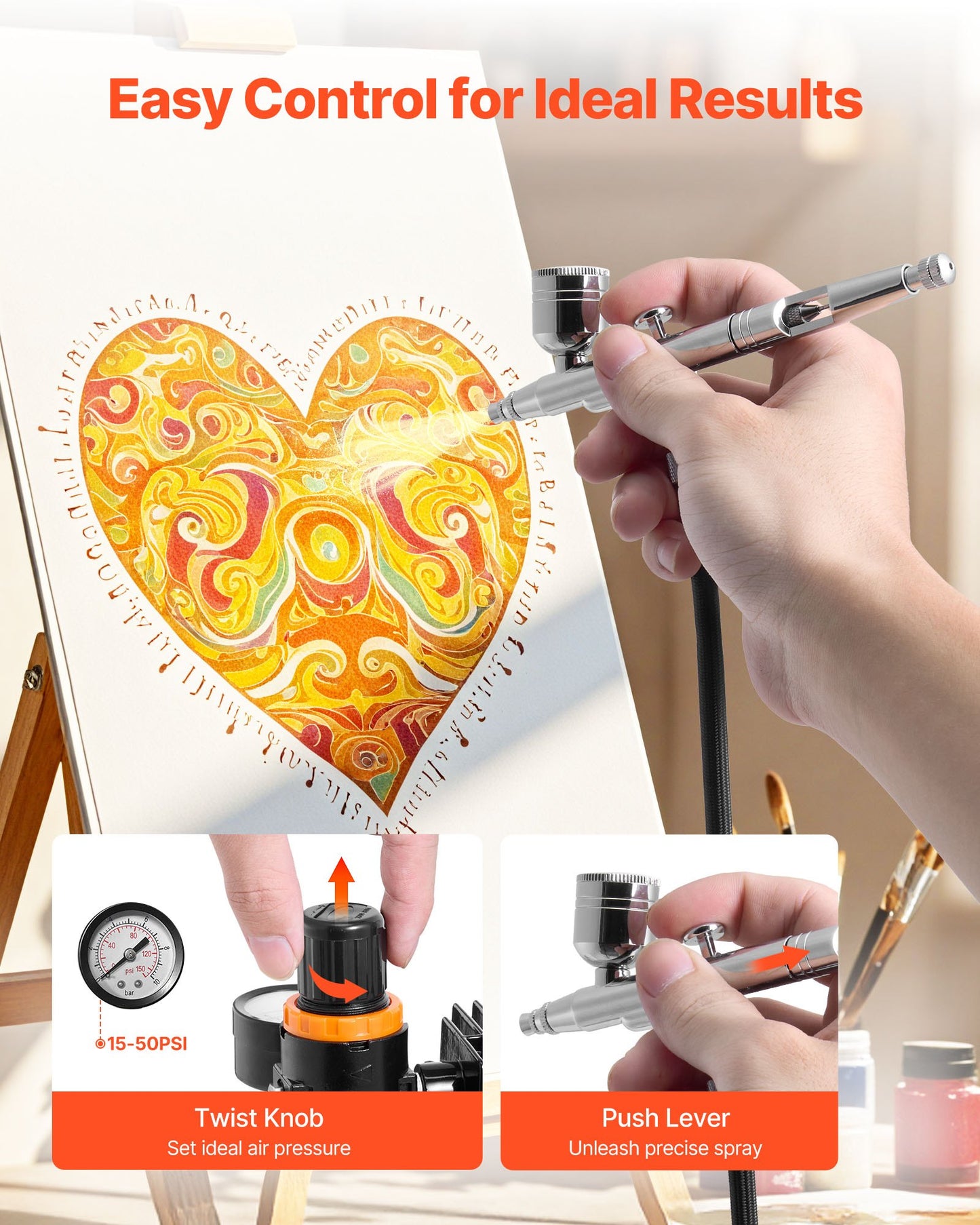 Airbrush Kit, 1/6 HP, Air Brush Kit with Air Compressor, 1 Dual-Action Professional Airbrush with 3 Tips, Hose, Holder, Cleaning Set, Low Noise, for Cake Decorating, Model Painting, Nail Art