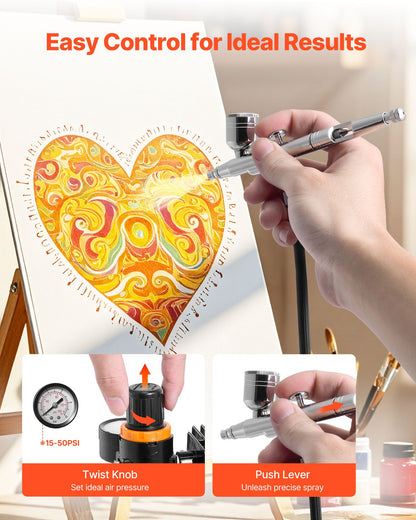 Airbrush Kit, 1/6 HP, Air Brush Kit with Air Compressor, 1 Dual-Action Professional Airbrush with 3 Tips, Hose, Holder, Cleaning Set, Low Noise, for Cake Decorating, Model Painting, Nail Art