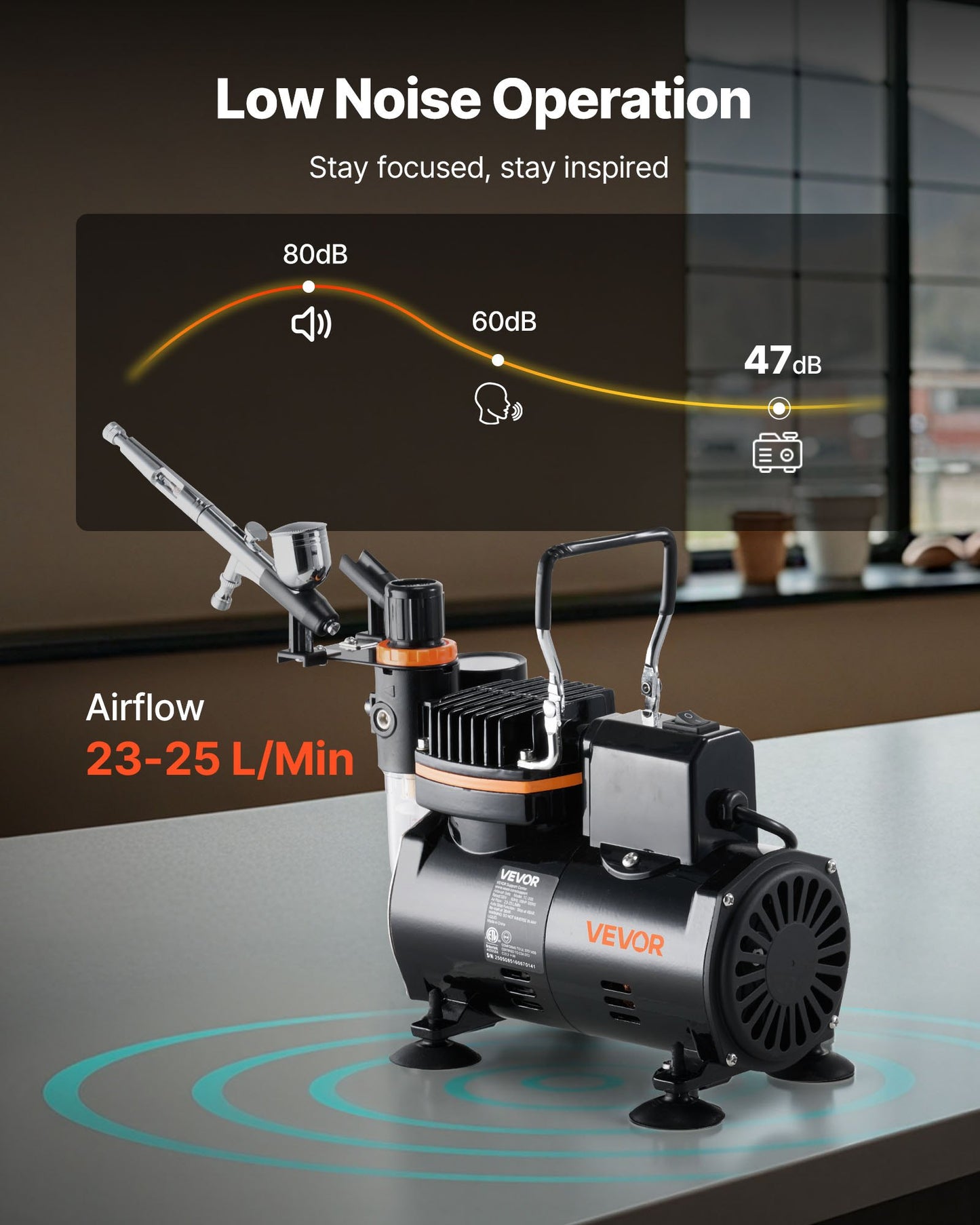 Airbrush Kit, 1/6 HP, Air Brush Kit with Air Compressor, 1 Dual-Action Professional Airbrush with 3 Tips, Hose, Holder, Cleaning Set, Low Noise, for Cake Decorating, Model Painting, Nail Art