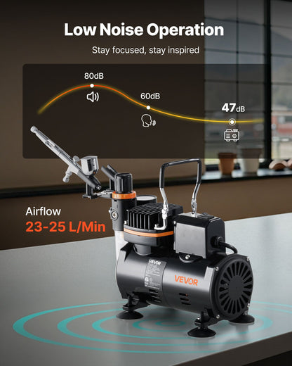 Airbrush Kit, 1/6 HP, Air Brush Kit with Air Compressor, 1 Dual-Action Professional Airbrush with 3 Tips, Hose, Holder, Cleaning Set, Low Noise, for Cake Decorating, Model Painting, Nail Art